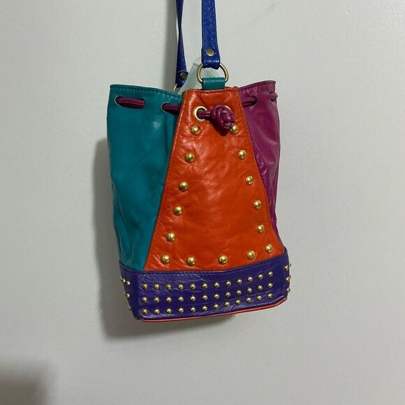 Colorblocked Studded Multi-Colored Leather Drawstring Bucket Bag - Picture 4 of 10